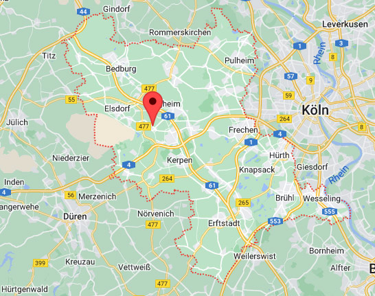 Karte vom Rhein Erft Kreis dazu gehoeren Bergheim Kerpen Elsdorf und Bedburg zeigt unseren Standort
